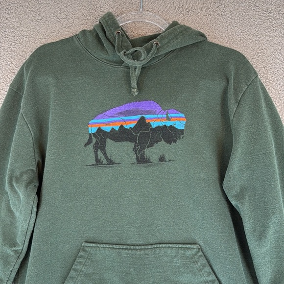 Patagonia Buffalo graphic Men's Large Green long sleeve Hoodie kangaroo pocket - Picture 3 of 13